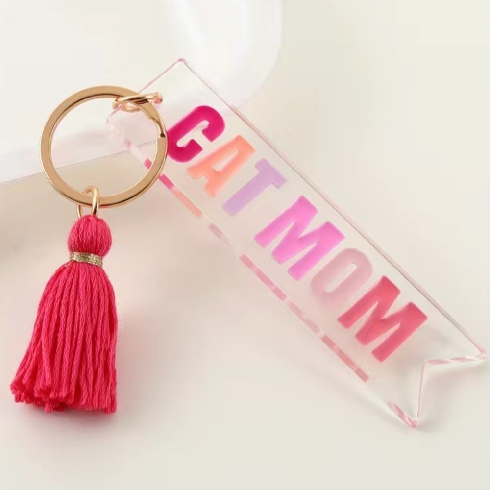 NWOT Long Strip Transparent Acrylic Cat Mom Tassel Keychain